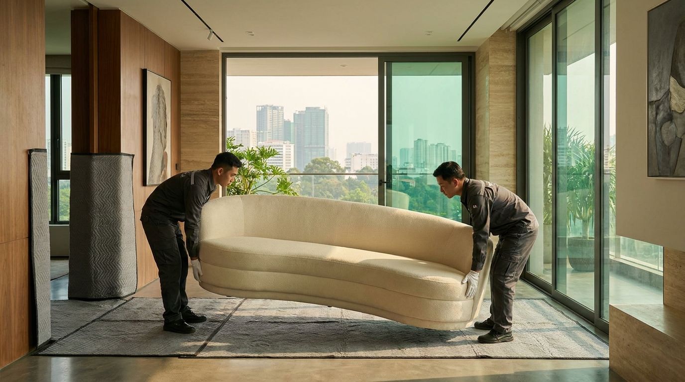 Đội White Glove đặt sofa cao cấp trong căn hộ hiện đại